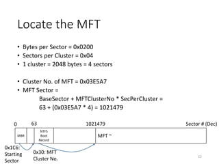 Locate the MFT
• Bytes per Sector = 0x0200
• Sectors per Cluster = 0x04
• 1 cluster = 2048 bytes = 4 sectors
• Cluster No. of MFT = 0x03E5A7
• MFT Sector =
BaseSector + MFTClusterNo * SecPerCluster =
63 + (0x03E5A7 * 4) = 1021479
12
MBR
NTFS
Boot
Record
MFT ~
Sector # (Dec)0 63 1021479
0x1C6:
Starting
Sector
0x30: MFT
Cluster No.
 