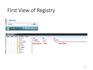First View of Registry
46
Key
Value Name Type Value Data
 