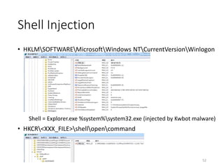 Shell Injection
• HKLMSOFTWAREMicrosoftWindows NTCurrentVersionWinlogon
Shell = Explorer.exe %system%system32.exe (injected by Kwbot malware)
• HKCR<XXX_FILE>shellopencommand
52
 