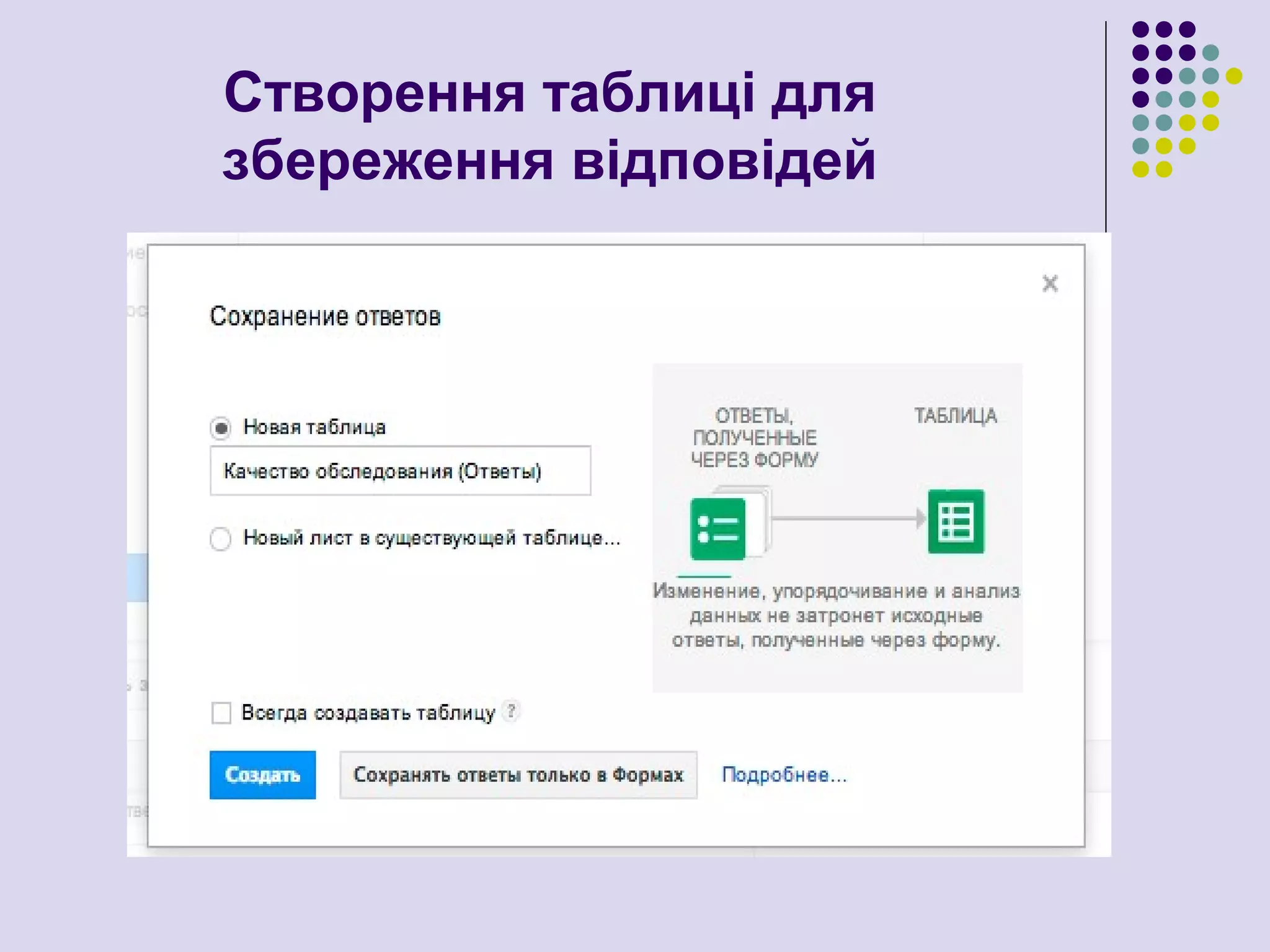 Створення таблиці для
збереження відповідей
 