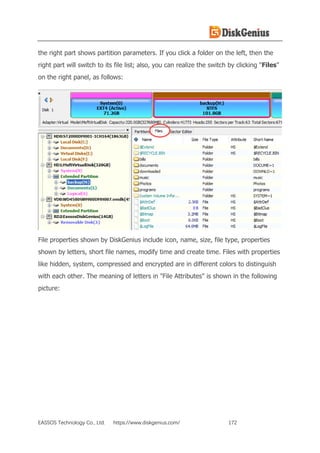 EASSOS Technology Co., Ltd. https://www.diskgenius.com/ 172
the right part shows partition parameters. If you click a folder on the left, then the
right part will switch to its file list; also, you can realize the switch by clicking "Files"
on the right panel, as follows:
File properties shown by DiskGenius include icon, name, size, file type, properties
shown by letters, short file names, modify time and create time. Files with properties
like hidden, system, compressed and encrypted are in different colors to distinguish
with each other. The meaning of letters in "File Attributes" is shown in the following
picture:
 