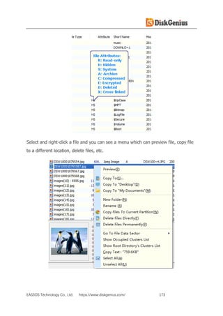 EASSOS Technology Co., Ltd. https://www.diskgenius.com/ 173
Select and right-click a file and you can see a menu which can preview file, copy file
to a different location, delete files, etc.
 
