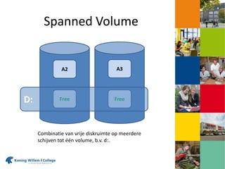 Spanned Volume
A2 A3
Free FreeD:
Combinatie van vrije diskruimte op meerdere
schijven tot één volume, b.v. d:.
 