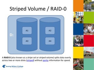 Striped Volume / RAID-0
A1 A2
A3 A4
D:
A RAID 0 (also known as a stripe set or striped volume) splits data evenly
across two or more disks (striped) without parity information for speed.
 