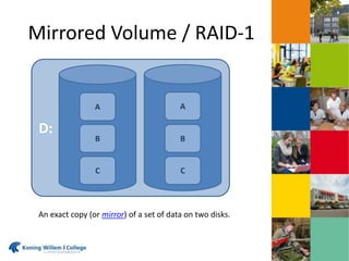 Mirrored Volume / RAID-1
A A
B B
C C
D:
An exact copy (or mirror) of a set of data on two disks.
 