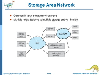 10.14 Silberschatz, Galvin and Gagne ©2013
Operating System Concepts – 9th Edition
Storage Area Network
 Common in large storage environments
 Multiple hosts attached to multiple storage arrays - flexible
 
