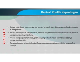 Bentuk2 Konflik Kepentingan
• Situasi yangdapat mempengaruhi proses pemeriksaan dan pengambilan keputusan
di pengadilan;
• Situasi dalam proses penyelidikan,penyidikan, penuntutan dan pelaksanaan putusan
yang dipengaruhi pihak lain;
• Proses pengangkatan/mutasi/promosi yang tidak fair dan berindikasi adanya
pengaruh pihak lain;
• Rangkap jabatan sebagai eksekutif suatu perusahaan atau membuka jasa profesi
lainnya.
YUDIKATIF
 
