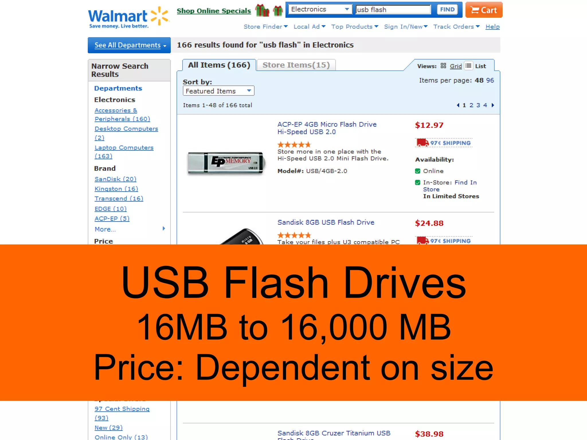 USB Flash Drives 16MB to 16,000 MB Price: Dependent on size