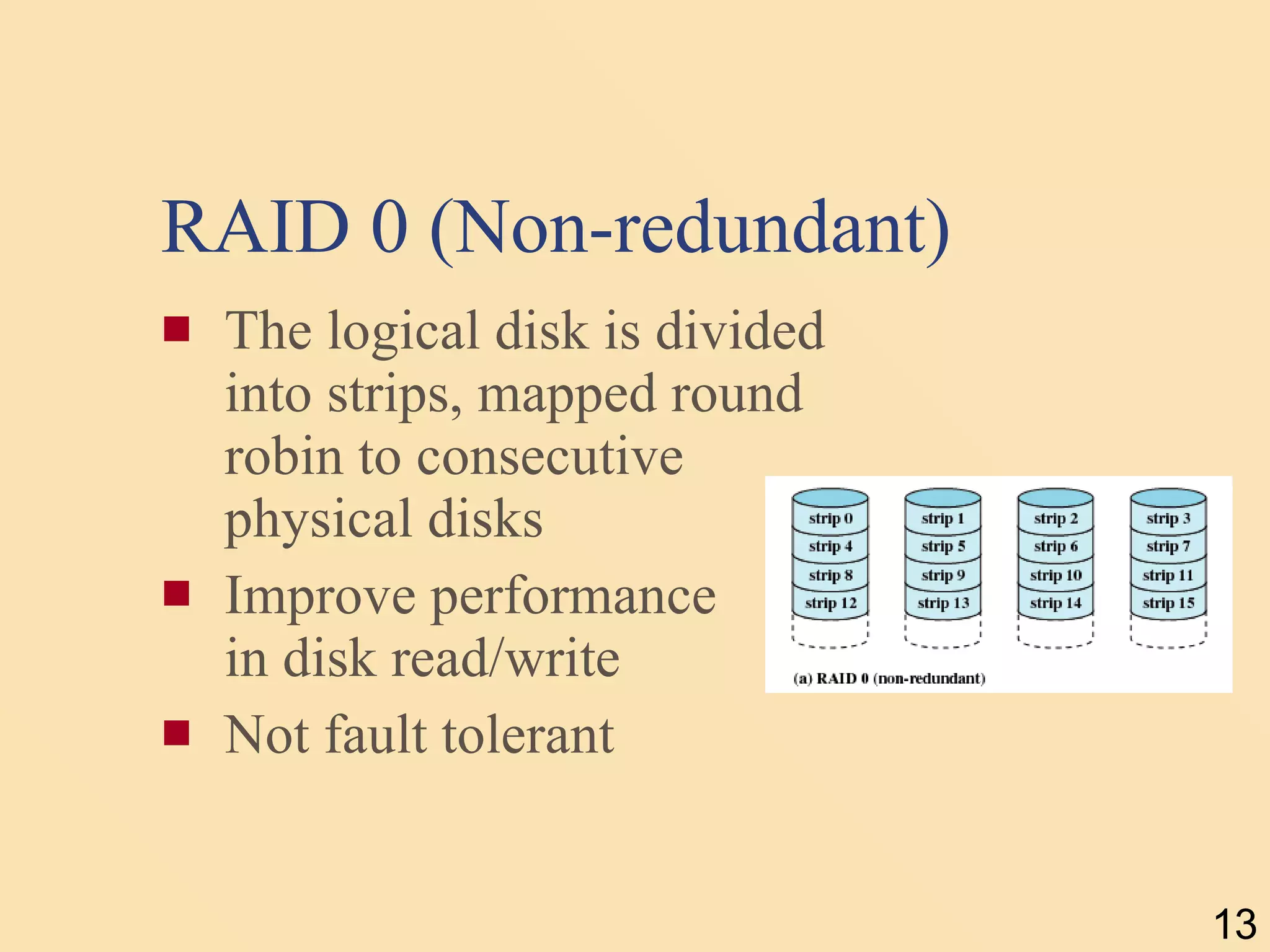 RAID 0 (Non-redundant) The logical disk is divided into strips, mapped round robin to consecutive physical disks Improve performance in disk read/write Not fault tolerant  