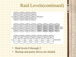 Raid Levels(continued)
• Raid levels 0 through 2
• Backup and parity drives are shaded 18
 