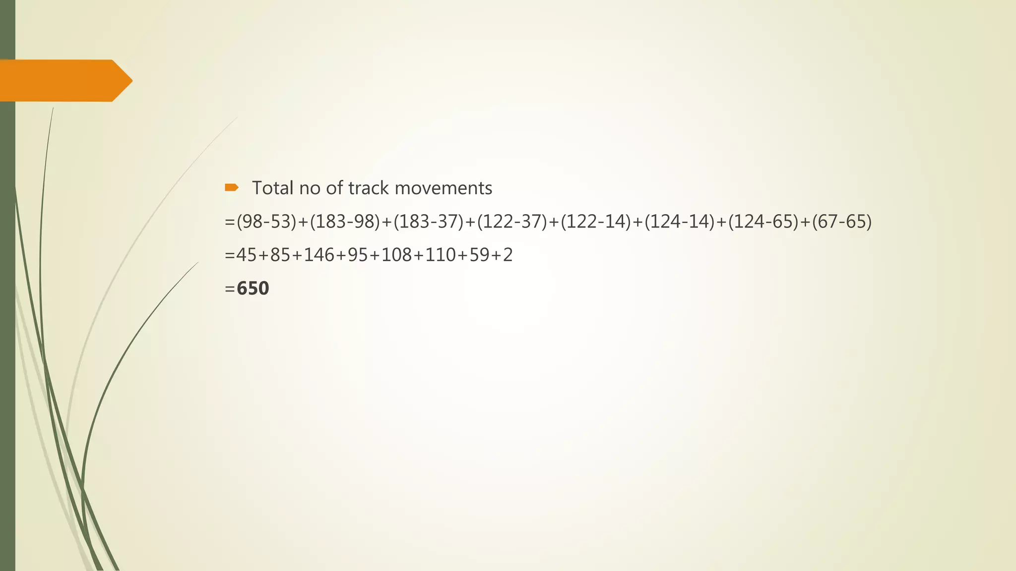  Total no of track movements
=(98-53)+(183-98)+(183-37)+(122-37)+(122-14)+(124-14)+(124-65)+(67-65)
=45+85+146+95+108+110+59+2
=650
 