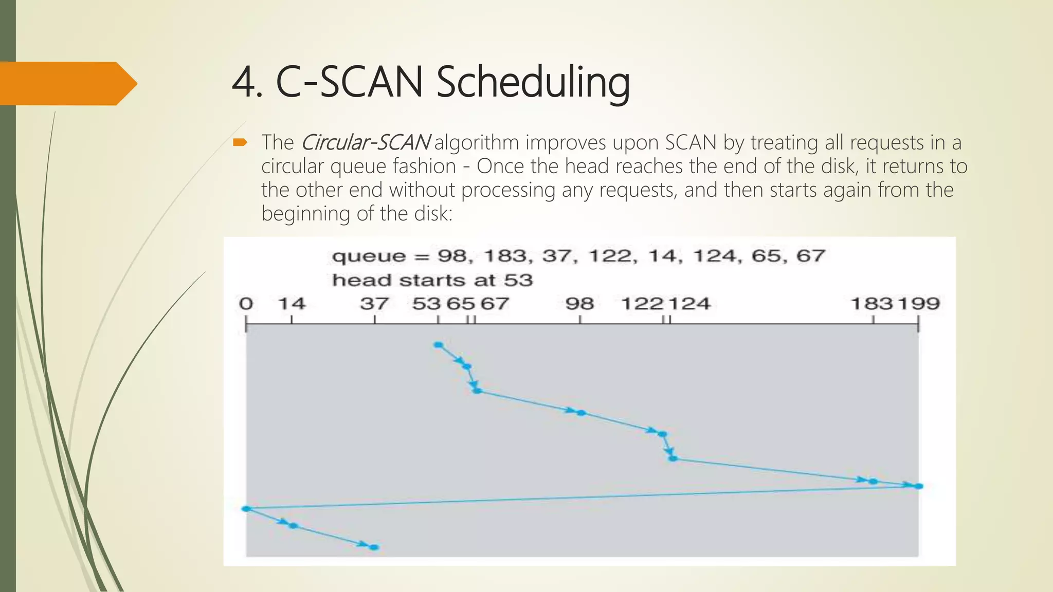 4. C-SCAN Scheduling
 The Circular-SCAN algorithm improves upon SCAN by treating all requests in a
circular queue fashion - Once the head reaches the end of the disk, it returns to
the other end without processing any requests, and then starts again from the
beginning of the disk:
 