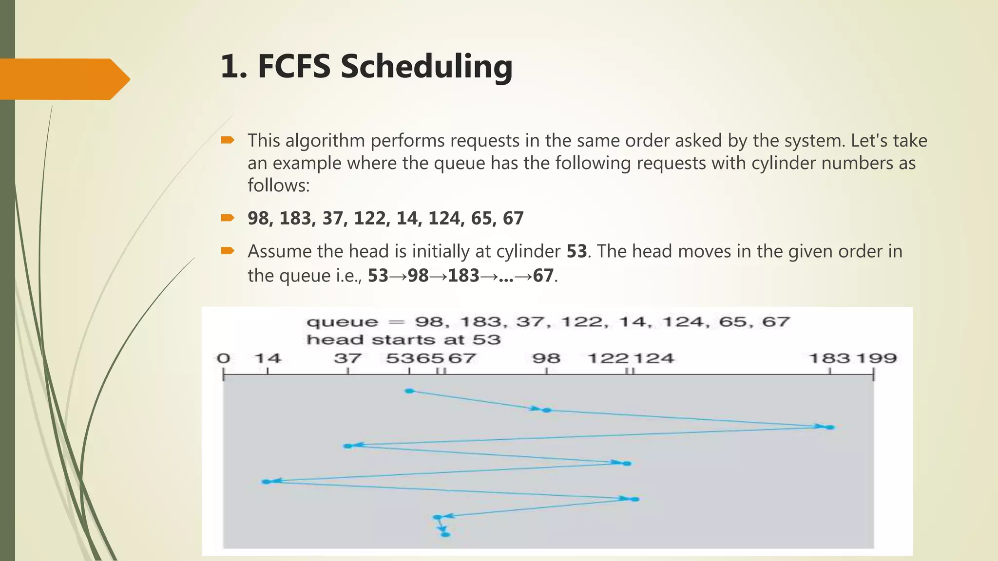 1. FCFS Scheduling
 This algorithm performs requests in the same order asked by the system. Let's take
an example where the queue has the following requests with cylinder numbers as
follows:
 98, 183, 37, 122, 14, 124, 65, 67
 Assume the head is initially at cylinder 53. The head moves in the given order in
the queue i.e., 53→98→183→...→67.
 
