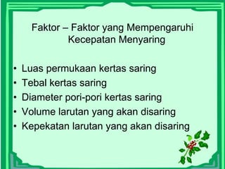 Faktor – Faktor yang Mempengaruhi
Kecepatan Menyaring
• Luas permukaan kertas saring
• Tebal kertas saring
• Diameter pori-pori kertas saring
• Volume larutan yang akan disaring
• Kepekatan larutan yang akan disaring
 