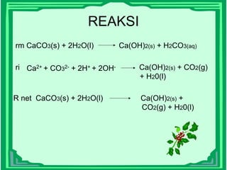 REAKSI
rm CaCO3(s) + 2H2O(l) Ca(OH)2(s) + H2CO3(aq)
ri Ca(OH)2(s) + CO2(g)
+ H20(l)
R net CaCO3(s) + 2H2O(l) Ca(OH)2(s) +
CO2(g) + H20(l)
Ca2+ + CO32- + 2H+ + 2OH-
 