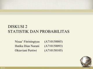 DISKUSI 2
STATISTIK DAN PROBABILITAS
Nisaa’ Fitriningtyas (A710150085)
Hatika Dian Nurani (A710150093)
Oktaviani Pertiwi (A710150105)
 