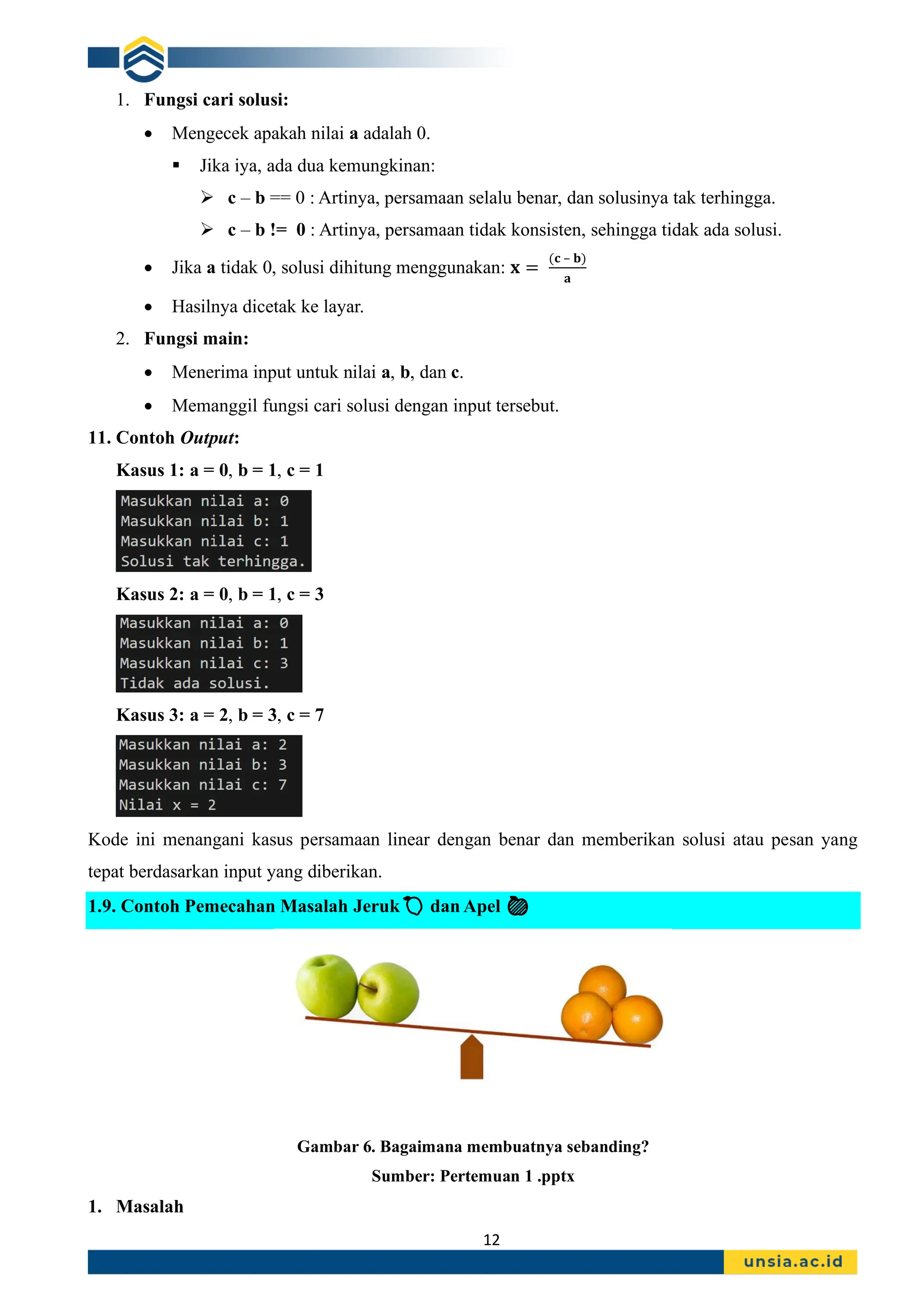 12
1. Fungsi cari solusi:
• Mengecek apakah nilai a adalah 0.
▪ Jika iya, ada dua kemungkinan:
➢ c – b == 0 : Artinya, persamaan selalu benar, dan solusinya tak terhingga.
➢ c – b != 0 : Artinya, persamaan tidak konsisten, sehingga tidak ada solusi.
• Jika a tidak 0, solusi dihitung menggunakan: 𝐱 =
(𝐜 – 𝐛)
𝐚
• Hasilnya dicetak ke layar.
2. Fungsi main:
• Menerima input untuk nilai a, b, dan c.
• Memanggil fungsi cari solusi dengan input tersebut.
11. Contoh Output:
Kasus 1: a = 0, b = 1, c = 1
Kasus 2: a = 0, b = 1, c = 3
Kasus 3: a = 2, b = 3, c = 7
Kode ini menangani kasus persamaan linear dengan benar dan memberikan solusi atau pesan yang
tepat berdasarkan input yang diberikan.
1.9. Contoh Pemecahan Masalah Jeruk🍋 dan Apel 🍏
Gambar 6. Bagaimana membuatnya sebanding?
Sumber: Pertemuan 1 .pptx
1. Masalah
 