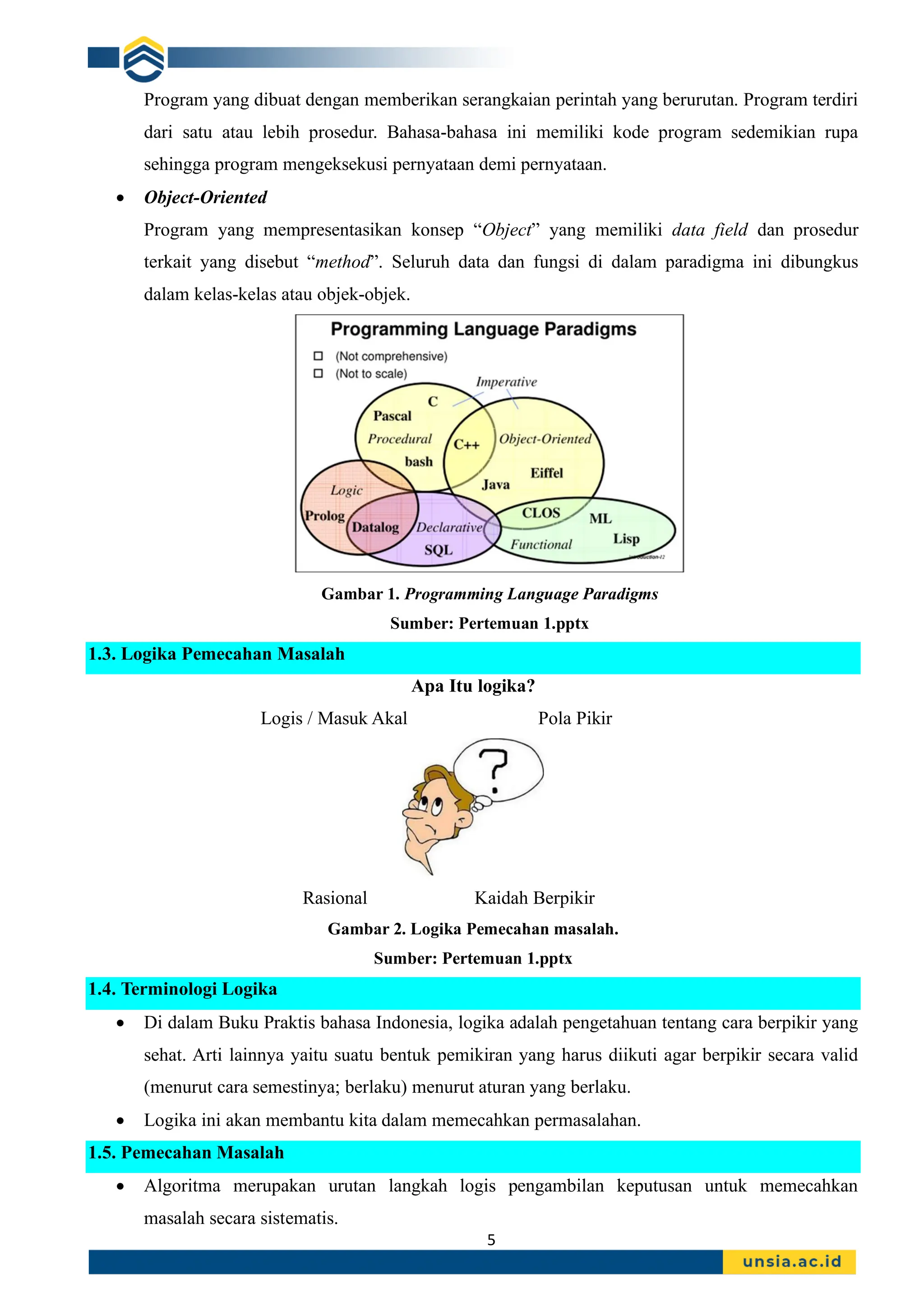 5
Program yang dibuat dengan memberikan serangkaian perintah yang berurutan. Program terdiri
dari satu atau lebih prosedur. Bahasa-bahasa ini memiliki kode program sedemikian rupa
sehingga program mengeksekusi pernyataan demi pernyataan.
• Object-Oriented
Program yang mempresentasikan konsep “Object” yang memiliki data field dan prosedur
terkait yang disebut “method”. Seluruh data dan fungsi di dalam paradigma ini dibungkus
dalam kelas-kelas atau objek-objek.
Gambar 1. Programming Language Paradigms
Sumber: Pertemuan 1.pptx
1.3. Logika Pemecahan Masalah
Apa Itu logika?
Logis / Masuk Akal Pola Pikir
Rasional Kaidah Berpikir
Gambar 2. Logika Pemecahan masalah.
Sumber: Pertemuan 1.pptx
1.4. Terminologi Logika
• Di dalam Buku Praktis bahasa Indonesia, logika adalah pengetahuan tentang cara berpikir yang
sehat. Arti lainnya yaitu suatu bentuk pemikiran yang harus diikuti agar berpikir secara valid
(menurut cara semestinya; berlaku) menurut aturan yang berlaku.
• Logika ini akan membantu kita dalam memecahkan permasalahan.
1.5. Pemecahan Masalah
• Algoritma merupakan urutan langkah logis pengambilan keputusan untuk memecahkan
masalah secara sistematis.
 