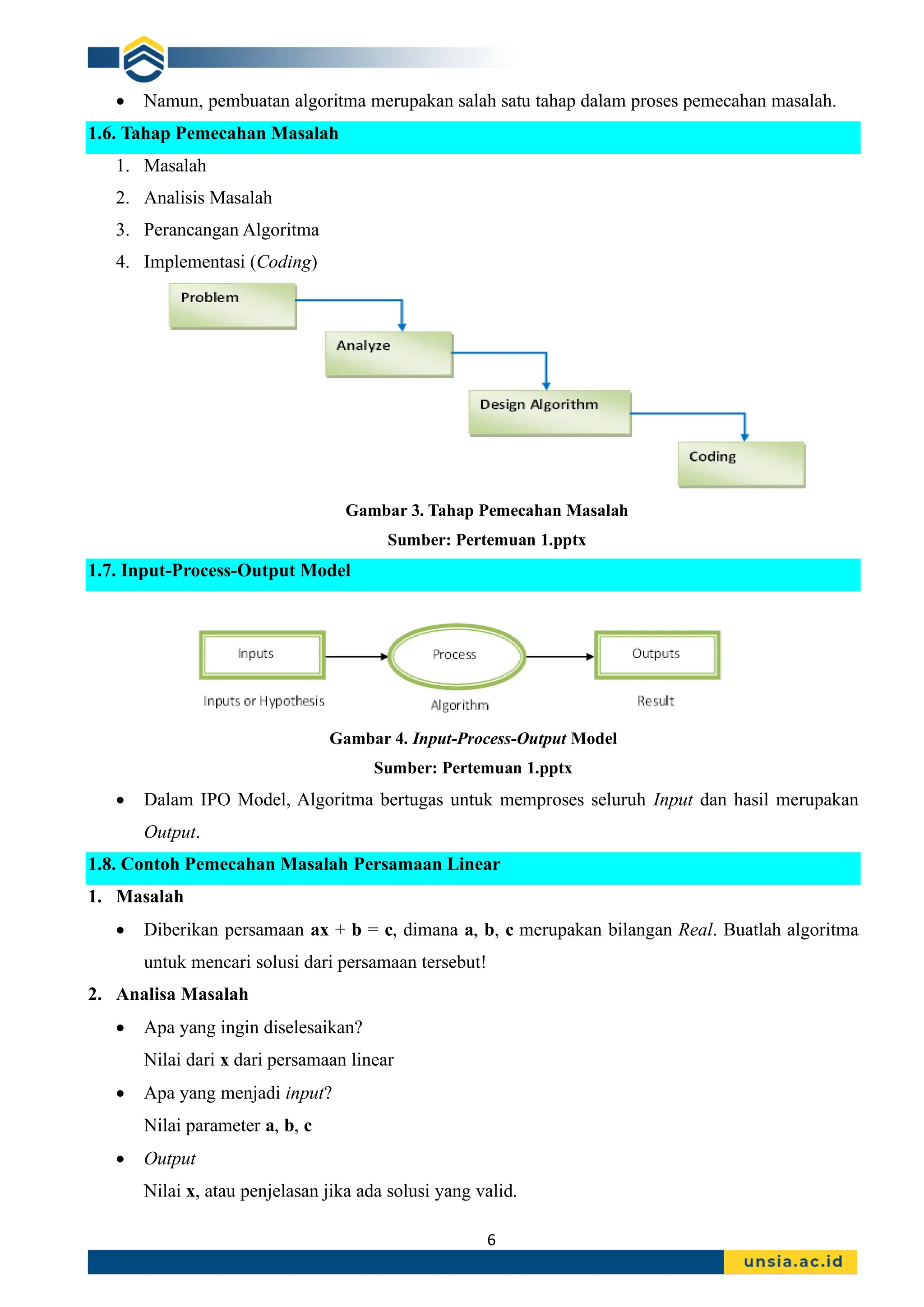 6
• Namun, pembuatan algoritma merupakan salah satu tahap dalam proses pemecahan masalah.
1.6. Tahap Pemecahan Masalah
1. Masalah
2. Analisis Masalah
3. Perancangan Algoritma
4. Implementasi (Coding)
Gambar 3. Tahap Pemecahan Masalah
Sumber: Pertemuan 1.pptx
1.7. Input-Process-Output Model
Gambar 4. Input-Process-Output Model
Sumber: Pertemuan 1.pptx
• Dalam IPO Model, Algoritma bertugas untuk memproses seluruh Input dan hasil merupakan
Output.
1.8. Contoh Pemecahan Masalah Persamaan Linear
1. Masalah
• Diberikan persamaan ax + b = c, dimana a, b, c merupakan bilangan Real. Buatlah algoritma
untuk mencari solusi dari persamaan tersebut!
2. Analisa Masalah
• Apa yang ingin diselesaikan?
Nilai dari x dari persamaan linear
• Apa yang menjadi input?
Nilai parameter a, b, c
• Output
Nilai x, atau penjelasan jika ada solusi yang valid.
 