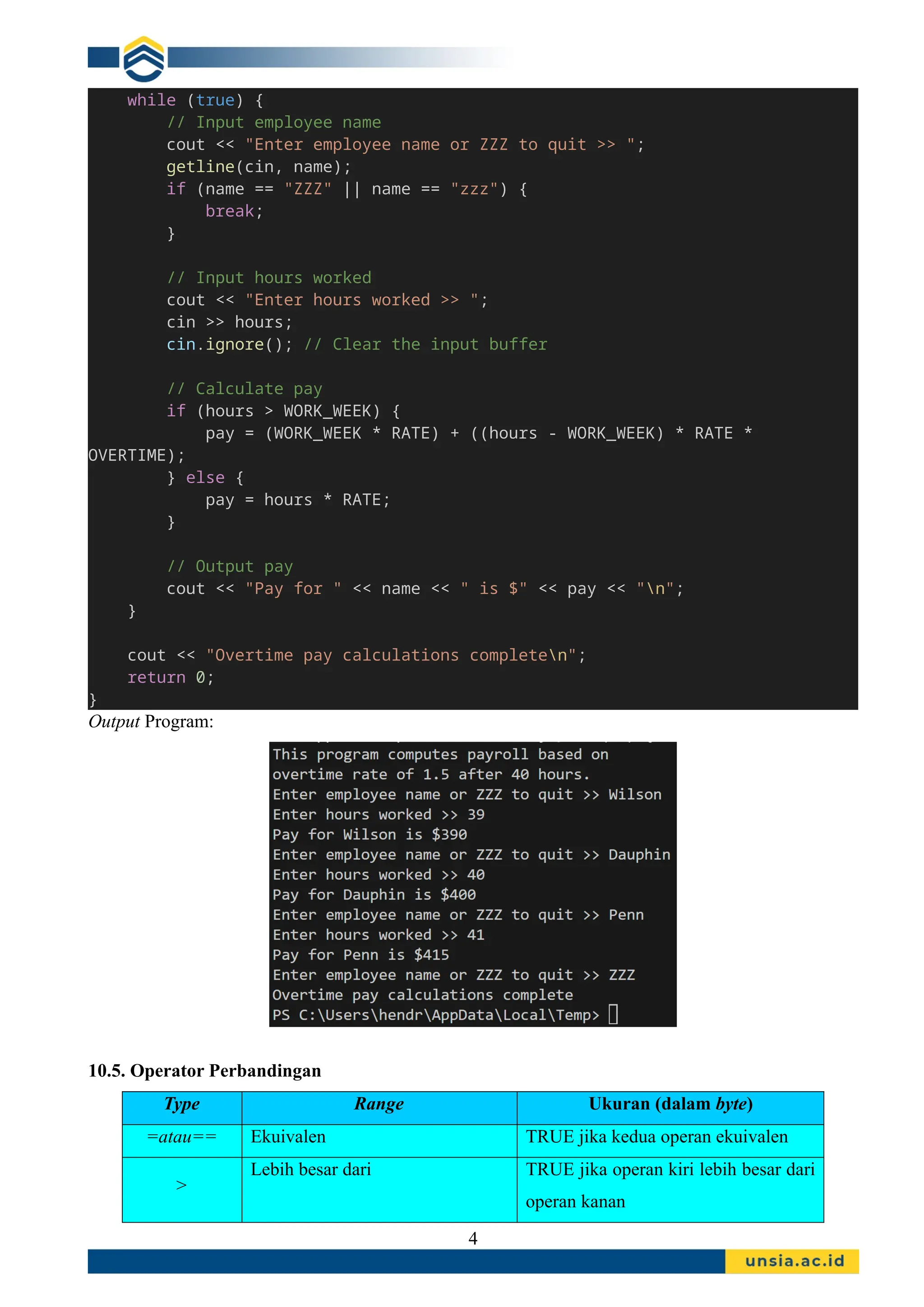 while (true) {
// Input employee name
cout << "Enter employee name or ZZZ to quit >> ";
getline(cin, name);
if (name == "ZZZ" || name == "zzz") {
break;
}
// Input hours worked
cout << "Enter hours worked >> ";
cin >> hours;
cin.ignore(); // Clear the input buffer
// Calculate pay
if (hours > WORK_WEEK) {
pay = (WORK_WEEK * RATE) + ((hours - WORK_WEEK) * RATE *
OVERTIME);
} else {
pay = hours * RATE;
}
// Output pay
cout << "Pay for " << name << " is $" << pay << "n";
}
cout << "Overtime pay calculations completen";
return 0;
}
Output Program:
10.5. Operator Perbandingan
Type Range Ukuran (dalam byte)
=atau== Ekuivalen TRUE jika kedua operan ekuivalen
>
Lebih besar dari TRUE jika operan kiri lebih besar dari
operan kanan
4
 