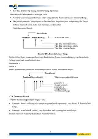 3
• Tipe data dari masing-masing parameter yang digunakan.
Keuntungan di dalam pemakai prototype yaitu:
• Kompiler akan melakukan konversi antara tipe parameter dalam definisi dan parameter fungsi.
• Jika jumlah parameter yang digunakan dalam definisi fungsi dan pada saat pemanggilan fungsi
berbeda atau tidak sama, maka akan menunjukkan kesalahan,
Contoh prototype fungsi:
Gambar 13.1. Contoh Prototype Fungsi
Bentuk definisi dalam penggunaan fungsi yang dideklarasikan dengan menggunakan prototype, harus diubah.
Sebagai contoh pada pendefinisian berikut:
float total(a, b)
float a, b:
Bentuk pendefinisian di atas harus diubah menjadi bentuk modern pendefinisian fungsi:
13.4. Parameter Fungsi
Terdapat dua macam parameter fungsi, yaitu:
• Parameter formal adalah variabel yang terdapat pada daftar parameter yang berada di dalam definisi
fungsi.
• Parameter aktual adalah variabel yang digunakan pada pemanggilan suatu fungsi.
Bentuk penulisan Parameter Formal dan Parameter Aktual.
 