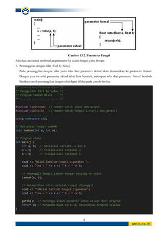 4
Gambar 13.2. Parameter Fungsi
Ada dua cara untuk melewatkan parameter ke dalam fungsi, yaitu berupa:
1. Pemanggilan dengan nilai (Call by Value)
Pada pemanggilan dengan nilai yaitu nilai dari parameter aktual akan dimasukkan ke parameter formal.
Dengan cara ini nilai parameter aktual tidak bisa berubah, walaupun nilai dari parameter formal berubah.
Berikut contoh pemanggilan dengan nilai dapat dilihat pada contoh berikut:
/* ------------------------ */
/* Penggunaan Call By Value */
/* Program Tambah Nilai */
/* ------------------------ */
#include <iostream> // Header untuk input dan output
#include <conio.h> // Header untuk fungsi clrscr() dan getch()
using namespace std;
// Deklarasi fungsi tambah
void tambah(int m, int n);
// Program utama
int main() {
int a, b; // Deklarasi variabel a dan b
a = 5; // Inisialisasi variabel a
b = 9; // Inisialisasi variabel b
cout << "Nilai Sebelum Fungsi Digunakan ";
cout << "na = " << a << " b = " << b;
// Memanggil fungsi tambah dengan passing by value
tambah(a, b);
// Menampilkan nilai setelah fungsi dipanggil
cout << "nNilai Setelah Fungsi Digunakan";
cout << "na = " << a << " b = " << b;
getch(); // Menunggu input karakter untuk keluar dari program
return 0; // Mengembalikan nilai 0, menandakan program selesai
}
 