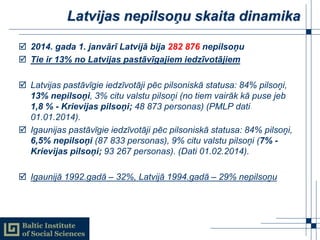 Latvijas nepilsoņu skaita dinamika
 2014. gada 1. janvārī Latvijā bija 282 876 nepilsoņu
 Tie ir 13% no Latvijas pastāvī...