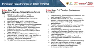 Penguatan Peran Perempuan dalam RKP 2025
Output dalam ProP
Penguatan Lingkungan Kerja yang Ramah Peremp
uan
Output dalam ProP Pemajuan Kewirausahaan
Perempuan
1. KIE PUG Bidang Ekonomi (KemenPPPA)
2. Optimalisasi pembinaan dan/atau pemeriksaan
ketenagakerjaan terhadap perusahaan (Kementerian
Ketenagakerjaan)
3. KIE PHP Pekerja dan dari TPPO (KemenPPPA)
4. KIE Kemitraan PPPA Bidang Ekonomi (KemenPPPA)
5. Daerah yang diberikan Pendampingan tentang pelaksanaan
kebijakan dan layanan PHP Pekerja (KemenPPPA)
6. K/L Yang Diberikan Pendampingan Tentang Pelaksanaan
Kebijakan dan Layanan PHP Pekerja (KemenPPPA)
7. Koordinasi dan Sinkronisasi Pelaksanaan Kebijakan PHP
Pekerja (KemenPPPA)
8. Rekomendasi Kebijakan Peningkatan TPAK Perempuan
melalui Partisipasi Perempuan dalam STEM (KemenPPPA)
9. Pedoman tentang Rencana Aksi Nasional Ekonomi
Perawatan (Care Economy (KemenPPPA)
10. PBK di 36 Provinsi (Kementerian Ketenagakerjaan)
1. SDM Pendamping Program Pemberdayaan Ekonomi yang
dilatih tentang KGPA (KemenPPPA)
2. Produk kreatif subsektor Kuliner, Kriya , Desain Interior,
Arsitektur, Desain Komunikasi Visual, Desain Produk dan
Fesyen yang mendapat pendampingan dan inkubasi
(KemenParekraf)
3. Produk Kreatif subsektor Aplikasi, Permainan, Televisi dan
Radio yang mendapat pendampingan dan inkubasi
(KemenParekraf)
4. Startup Digital yang dikembangkan (KemenParekraf)
5. Pelaku ekonomi kreatif yang difasilitasi (KemenParekraf)
6. Fasilitasi SDM Ekonomi Kreatif melalui Gerakan Usaha
Kreatif (KemenParekraf)
7. Pelatihan SDM Ekonomi Kreatif (KemenParekraf)
8. SDM yang diberikan Bimtek tentang Kewirausahaan
(KemenPPPA)
9. Sertifikasi SDM Bidang Ekonomi Kreatif (KemenParekraf)
10. Daerah yang diberikan Bimtek dan Supervisi tentang
Pemberdayaan Ekonomi Perempuan (KemenPPPA)
11. Wirausaha Tematik yang difasilitasi Penguatan
Kewirausahaan (KemenKop dan UKM)
 
