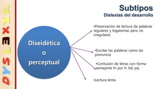 Subtipos
Dislexias del desarrollo
Diseidética
o
perceptual
•Preservación de lectura de palabras
regulares y logatomas pero no
irregulares.
•Escribe las palabras como las
pronuncia
•Lectura lenta.
•Confusión de letras con forma
semejante ln por h; bd; pq.
 