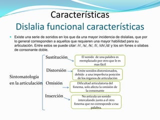 Características
    Dislalia funcional características
 Existe una serie de sonidos en los que da una mayor incidencia de dislalias, que por
  lo general corresponden a aquellos que requieren una mayor habilidad para su
  articulación. Entre estos se puede citar: /r/, /s/, /k/, /l/, /ch/,/d/ y los sin fones o silabas
  de consonante doble.

                         Sustitución               El sonido de una palabra es
                                                 reemplazado por otro que le es
                                                            mas fácil

                         Distorsión             Emite sonidos distorsionados,
                                              debido a una imperfecta posición
Sintomatología                                  de los órganos de articulación
en la articulación Omisión                     Dificultad articulatoria del
                                            fonema, solo afecta la omisión de
                                                     la consonante
                         Inserción                 No articula un sonido
                                                intercalando junto a el otro
                                             fonema que no corresponde a esa
                                                          palabra.
 
