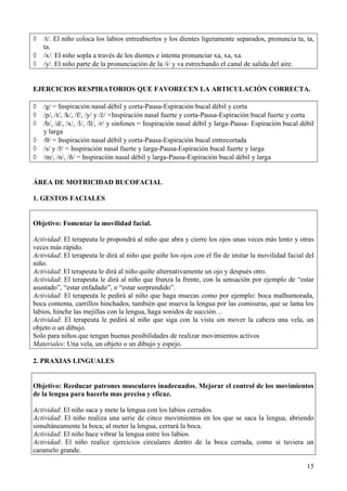 15
 /t/. El niño coloca los labios entreabiertos y los dientes ligeramente separados, pronuncia ta, ta,
ta.
 /x/. El niño sopla a través de los dientes e intenta pronunciar xa, xa, xa.
 /y/. El niño parte de la pronunciación de la /i/ y va estrechando el canal de salida del aire.
EJERCICIOS RESPIRATORIOS QUE FAVORECEN LA ARTICULACIÓN CORRECTA.
 /g/ = Inspiración nasal débil y corta-Pausa-Espiración bucal débil y corta
 /p/, /t/, /k/, /f/, /y/ y /ĉ/ =Inspiración nasal fuerte y corta-Pausa-Espiración bucal fuerte y corta
 /b/, /d/, /x/, /l/, /ll/, /r/ y sinfones = Inspiración nasal débil y larga-Pausa- Espiración bucal débil
y larga
 /θ/ = Inspiración nasal débil y corta-Pausa-Espiración bucal entrecortada
 /s/ y /ř/ = Inspiración nasal fuerte y larga-Pausa-Espiración bucal fuerte y larga
 /m/, /n/, /ñ/ = Inspiración nasal débil y larga-Pausa-Espiración bucal débil y larga
ÁREA DE MOTRICIDAD BUCOFACIAL
1. GESTOS FACIALES
Objetivo: Fomentar la movilidad facial.
Actividad: El terapeuta le propondrá al niño que abra y cierre los ojos unas veces más lento y otras
veces más rápido.
Actividad: El terapeuta le dirá al niño que guiñe los ojos con el fin de imitar la movilidad facial del
niño.
Actividad: El terapeuta le dirá al niño quiñe alternativamente un ojo y después otro.
Actividad: El terapeuta le dirá al niño que frunza la frente, con la sensación por ejemplo de “estar
asustado”, “estar enfadado”, o “estar sorprendido”.
Actividad: El terapeuta le pedirá al niño que haga muecas como por ejemplo: boca malhumorada,
boca contenta, carrillos hinchados, también que mueva la lengua por las comisuras, que se lama los
labios, hinche las mejillas con la lengua, haga sonidos de succión…
Actividad: El terapeuta le pedirá al niño que siga con la vista sin mover la cabeza una vela, un
objeto o un dibujo.
Solo para niños que tengan buenas posibilidades de realizar movimientos activos
Materiales: Una vela, un objeto o un dibujo y espejo.
2. PRAXIAS LINGUALES
Objetivo: Reeducar patrones musculares inadecuados. Mejorar el control de los movimientos
de la lengua para hacerla mas precisa y eficaz.
Actividad: El niño saca y mete la lengua con los labios cerrados.
Actividad: El niño realiza una serie de cinco movimientos en los que se saca la lengua, abriendo
simultáneamente la boca; al meter la lengua, cerrará la boca.
Actividad: El niño hace vibrar la lengua entre los labios.
Actividad: El niño realice ejercicios circulares dentro de la boca cerrada, como si tuviera un
caramelo grande.
 