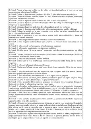 22
Actividad: Atrapar el cabo de un hilo con los labios e ir introduciéndolo en la boca poco a poco
procurando que sólo trabajen los labios.
Actividad: Colocar el depresor entre los dientes del niño. El niño debe intentar cerrar la boca.
Actividad: Colocar el depresor entre los dientes del niño. El niño debe realizar besitos procurando
explosionar sonoramente los labios.
Actividad: Colocar el depresor contra los labios del niño. El niño hace morritos.
Actividad: Colocar el depresor sosteniéndolo entre los labios del niño y hacer fuerza para evitar que
el logopeda lo saque de la boca.
Actividad: Introducir el depresor en la boca del niño ayudándose solo por los labios.
Actividad: Colocar el depresor entre los labios del niño mientras se emiten sonidos bilabiales.
Actividad: Colocar la pantalla en la boca e intentar cerrar y abrir los labios presionándolos con
fuerza e intentando conseguir sellado labial.
Actividad: Situar la pantalla en la boca del niño e intentar emitir sonidos bilabiales o frases con
abundancia de sonidos bilabiales.
Actividad: El niño alarga el labio superior cubriendo los incisivos superiores.
Actividad: El niño proyecta los labios hacia fuera y volver a la posición inicial finalizando con una
sonrisa.
Actividad: El niño esconde los labios como si los fuéramos a succionar.
Actividad: El niño realiza movimientos circulares con los labios.
Actividad: El niño sonríe “de oreja a oreja” procurando en todo momento mantener los labios
sellados.
Actividad: Consiste en reproducir el movimiento que se realiza cuando se mastica procurando en
todo momento mantener los labios sellados.
Actividad: El niño con la boca abierta intentar bostezar.
Actividad: El niño con la boca abierta hace como si estuvieses mascando chicle, de una manera
exagerada.
Actividad: El niño con la boca cerrada intentar bostezar.
Actividad: El niño con la boca cerrada hace como si estuvieses mascando chicle, de una manera
exagerada.
Actividad: El niño abre y cierra la boca. La lengua debe estar en reposo, no la debe apretar. La punta
debe estar apoyada en la parte inferior de los dientes.
Actividad: El niño abre mucho la boca hasta que ve en el espejo toda su garganta.
Actividad: El niño coloca los labios juntos, separa los labios un poco, los separa un poco más y
finalmente los junta de nuevo. El niño repite el ejercicio varias veces.
Actividad: El niño coloca los labios juntos y apretados, los afloja un poco, los aprieta de nuevo y
finalmente los afloja. El niño repite el ejercicio varias veces.
Actividad: El niño coloca los labios juntos y apretados, los afloja un poco, separándolos ligeramente
y estirándolos hacia los lados. Sigue separándolos poco a poco, coloca los labios en posición de
sonrisa amable y los mantiene así durante unos minutos. El niño repite el ejercicio varias veces.
Actividad: El niño con la boca cerrada, aprieta los labios hacia dentro, aprieta uno contra otro con
energía, separa rápidamente los labios mostrando los dientes todavía apretados y vuelve a apretar
los dientes.
Actividad: El niño hicha las mejillas con los labios cerrados. A continuación hunde las mejillas sin
separar los labios pero si los maxilares.
Actividad: colocamos los labios entreabiertos de forma que se vean un poco los dientes. Después los
ponemos un poco separados mientras se puede ver la parte inferior de la lengua. Finalmente, el niño
debe mirarse en el espejo y comprobar que la lengua se apoya con un poquitín de fuerza en el
paladar, casi tocando con el borde de los dientes de arriba. Para conseguir nuestro objetivo, ha de
practicar la posición de la lengua durante unos minutos.
Actividad: el niño coloca la punta de la lengua chocando con los dientes de arriba y después saca la
lengua con fuerza varias veces. Antes de dar por finalizado el ejercicio, presiona con los dedos su
mejilla para que la lengua se doble y toca con la punta los dientes de arriba
 