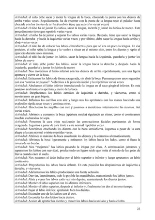 23
Actividad: el niño debe sacar y meter la lengua de la boca, chocando la punta con los dientes de
arriba varias veces. Seguidamente, ha de recorrer con la punta de la lengua todo el paladar hasta
chocarla con los dientes de arriba (también tiene que repetirlo varias veces)
Actividad: el niño ha de juntar los labios, sacar la lengua, meterla y juntar los labios de nuevo. Este
procedimiento tiene que repetirlo varias veces
Actividad:: el niño ha de juntar y separar los labios varias veces. Después, tiene que sacar la lengua
hacia la derecha y hacia la izquierda varias veces y por último, debe sacar la lengua hacia arriba y
abajo varias veces
Actividad: el niño ha de colocar los labios entreabiertos para que se vea un poco la lengua. En esa
posición, el niño retira la lengua y la vuelve a situar en el mismo sitio, entre los dientes y repite el
ejercicio durante unos minutos.
Actividad: el niño ha de juntar los labios, sacar la lengua hacia la izquierda, guardarla y juntar los
labios de nuevo
Actividad: el niño debe juntar los labios, sacar la lengua hacia la derecha y después hacia la
izquierda, guardarla y juntar los labios de nuevo
Actividad: Nos mordemos el labio inferior con los dientes de arriba repetidamente, con una ligera
apertura y cierre de la boca.
Actividad: Estiramos los labios de forma exagerada, sin abrir la boca. Permanecemos unos segundos
con esa “sonrisa de payaso”. Volvemos a la posición inicial y lo repetimos varias veces
Actividad: Abultamos el labio inferior introduciendo la lengua en el saco gingival inferior. En esta
posición realizamos la apertura y cierre de la boca.
Actividad: Desplazamos los labios cerrados de izquierda a derecha, y viceversa, como si
moviéramos un gran bigote.
Actividad: Inflamos los carrillos con aire y luego nos los apretamos con las manos haciendo una
explosión rápida unas veces y continua otras.
Actividad: Hinchamos las mejillas con aire y pasamos a mordernos internamente las mismas. Así
varias veces.
Actividad: Abrimos y cerramos la boca (apertura media) siguiendo un ritmo, como si comiéramos
muchas cucharadas de sopa.
Actividad: Ponemos la cara triste realizando las contracciones faciales pertinentes de forma
exagerada. Jugamos a pasar de cara triste a cara normal repetidas veces.
Actividad: Sonreímos enseñando los dientes con la boca semiabierta. Jugamos a pasar de la cara
alegre a la cara normal o triste repetidas veces.
Actividad: Abrimos al máximo la boca enseñando los dientes y la cerramos alternativamente.
Actividad: Abrimos la boca ligeramente y estiramos los labios hacia los lados, como si fuera la
ranura de un buzón.
Actividad: Nos “mojamos” los labios pasando la lengua por ellos. A continuación juntamos y
separamos los labios con suavidad, produciendo un ligero ruido que imita el sonido de las gotas de
lluvia cuando caen al suelo.
Actividad: Nos pasamos el dedo índice por el labio superior e inferior y luego apretamos un labio
contra otro.
Actividad: Proyectamos los labios hacia delante. En esta posición los desplazamos de izquierda a
derecha, y viceversa.
Actividad: Adelantamos los labios produciendo una fuerte oclusión.
Actividad: Desviar, lateralmente, todo lo posible las mandíbulas, manteniendo los labios juntos.
Actividad: Abrir y cerrar los labios cada vez más deprisa, manteniendo los dientes juntos.
Actividad: Morder el labio superior con los dientes inferiores.
Actividad: Morder el labio superior, después el inferior y, finalmente los dos al mismo tiempo.
Actividad: Bajar el labio inferior, apretando bien los dientes.
Actividad: Esconder uno de los labios con el otro.
Actividad: Esconder los dos labios hacia dentro.
Actividad: Acción de apretar los dientes y mover los labios hacia un lado y hacia el otro.
 