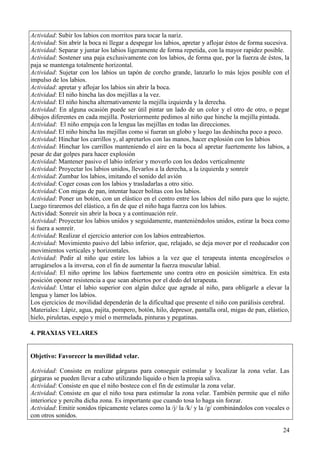 24
Actividad: Subir los labios con morritos para tocar la nariz.
Actividad: Sin abrir la boca ni llegar a despegar los labios, apretar y aflojar éstos de forma sucesiva.
Actividad: Separar y juntar los labios ligeramente de forma repetida, con la mayor rapidez posible.
Actividad: Sostener una paja exclusivamente con los labios, de forma que, por la fuerza de éstos, la
paja se mantenga totalmente horizontal.
Actividad: Sujetar con los labios un tapón de corcho grande, lanzarlo lo más lejos posible con el
impulso de los labios.
Actividad: apretar y aflojar los labios sin abrir la boca.
Actividad: El niño hincha las dos mejillas a la vez.
Actividad: El niño hincha alternativamente la mejilla izquierda y la derecha.
Actividad: En alguna ocasión puede ser útil pintar un lado de un color y el otro de otro, o pegar
dibujos diferentes en cada mejilla. Posteriormente pedimos al niño que hinche la mejilla pintada.
Actividad: El niño empuja con la lengua las mejillas en todas las direcciones.
Actividad: El niño hincha las mejillas como si fueran un globo y luego las deshincha poco a poco.
Actividad: Hinchar los carrillos y, al apretarlos con las manos, hacer explosión con los labios
Actividad: Hinchar los carrillos manteniendo el aire en la boca al apretar fuertemente los labios, a
pesar de dar golpes para hacer explosión
Actividad: Mantener pasivo el labio inferior y moverlo con los dedos verticalmente
Actividad: Proyectar los labios unidos, llevarlos a la derecha, a la izquierda y sonreír
Actividad: Zumbar los labios, imitando el sonido del avión
Actividad: Coger cosas con los labios y trasladarlas a otro sitio.
Actividad: Con migas de pan, intentar hacer bolitas con los labios.
Actividad: Poner un botón, con un elástico en el centro entre los labios del niño para que lo sujete.
Luego tiraremos del elástico, a fin de que el niño haga fuerza con los labios.
Actividad: Sonreír sin abrir la boca y a continuación reír.
Actividad: Proyectar los labios unidos y seguidamente, manteniéndolos unidos, estirar la boca como
si fuera a sonreír.
Actividad: Realizar el ejercicio anterior con los labios entreabiertos.
Actividad: Movimiento pasivo del labio inferior, que, relajado, se deja mover por el reeducador con
movimientos verticales y horizontales.
Actividad: Pedir al niño que estire los labios a la vez que el terapeuta intenta encogérselos o
arrugárselos a la inversa, con el fin de aumentar la fuerza muscular labial.
Actividad: El niño oprime los labios fuertemente uno contra otro en posición simétrica. En esta
posición oponer resistencia a que sean abiertos por el dedo del terapeuta.
Actividad: Untar el labio superior con algún dulce que agrade al niño, para obligarle a elevar la
lengua y lamer los labios.
Los ejercicios de movilidad dependerán de la dificultad que presente el niño con parálisis cerebral.
Materiales: Lápiz, agua, pajita, pompero, botón, hilo, depresor, pantalla oral, migas de pan, elástico,
hielo, piruletas, espejo y miel o mermelada, pinturas y pegatinas.
4. PRAXIAS VELARES
Objetivo: Favorecer la movilidad velar.
Actividad: Consiste en realizar gárgaras para conseguir estimular y localizar la zona velar. Las
gárgaras se pueden llevar a cabo utilizando líquido o bien la propia saliva.
Actividad: Consiste en que el niño bostece con el fin de estimular la zona velar.
Actividad: Consiste en que el niño tosa para estimular la zona velar. También permite que el niño
interiorice y perciba dicha zona. Es importante que cuando tosa lo haga sin forzar.
Actividad: Emitir sonidos típicamente velares como la /j/ la /k/ y la /g/ combinándolos con vocales o
con otros sonidos.
 