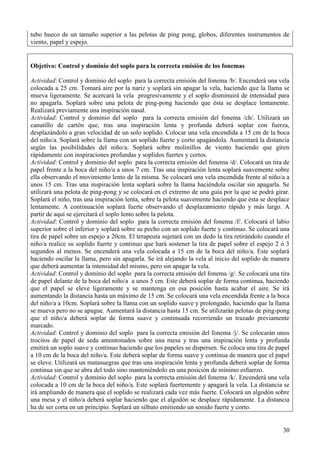 30
tubo hueco de un tamaño superior a las pelotas de ping pong, globos, diferentes instrumentos de
viento, papel y espejo.
Objetivo: Control y dominio del soplo para la correcta emisión de los fonemas
Actividad: Control y dominio del soplo para la correcta emisión del fonema /b/. Encenderá una vela
colocada a 25 cm. Tomará aire por la nariz y soplará sin apagar la vela, haciendo que la llama se
mueva ligeramente. Se acercará la vela progresivamente y el soplo disminuirá de intensidad para
no apagarla. Soplará sobre una pelota de ping-pong haciendo que ésta se desplace lentamente.
Realizará previamente una inspiración nasal.
Actividad: Control y dominio del soplo para la correcta emisión del fonema /ch/. Utilizará un
canutillo de cartón que, tras una inspiración lenta y profunda deberá soplar con fuerza,
desplazándolo a gran velocidad de un solo soplido. Colocar una vela encendida a 15 cm de la boca
del niño/a. Soplará sobre la llama con un soplido fuerte y corto apagándola. Aumentará la distancia
según las posibilidades del niño/a. Soplará sobre molinillos de viento haciendo que giren
rápidamente con inspiraciones profundas y soplidos fuertes y cortos.
Actividad: Control y dominio del soplo para la correcta emisión del fonema /d/. Colocará un tira de
papel frente a la boca del niño/a a unos 7 cm. Tras una inspiración lenta soplará suavemente sobre
ella observando el movimiento lento de la misma. Se colocará una vela encendida frente al niño/a a
unos 15 cm. Tras una inspiración lenta soplará sobre la llama haciéndola oscilar sin apagarla. Se
utilizará una pelota de ping-pong y se colocará en el extremo de una guía por la que se podrá girar.
Soplará el niño, tras una inspiración lenta, sobre la pelota suavemente haciendo que ésta se desplace
lentamente. A continuación soplará fuerte observando el desplazamiento rápido y más largo. A
partir de aquí se ejercitará el soplo lento sobre la pelota.
Actividad: Control y dominio del soplo para la correcta emisión del fonema /f/. Colocará el labio
superior sobre el inferior y soplará sobre su pecho con un soplido fuerte y continuo. Se colocará una
tira de papel sobre un espejo a 20cm. El terapeuta sujetará con un dedo la tira retirándolo cuando el
niño/a realice su soplido fuerte y continuo que hará sostener la tira de papel sobre el espejo 2 ó 3
segundos al menos. Se encenderá una vela colocada a 15 cm de la boca del niño/a. Este soplará
haciendo oscilar la llama, pero sin apagarla. Se irá alejando la vela al inicio del soplido de manera
que deberá aumentar la intensidad del mismo, pero sin apagar la vela.
Actividad: Control y dominio del soplo para la correcta emisión del fonema /g/. Se colocará una tira
de papel delante de la boca del niño/a a unos 5 cm. Este deberá soplar de forma continua, haciendo
que el papel se eleve ligeramente y se mantenga en esa posición hasta acabar el aire. Se irá
aumentando la distancia hasta un máximo de 15 cm. Se colocará una vela encendida frente a la boca
del niño/a a 10cm. Soplará sobre la llama con un soplido suave y prolongado, haciendo que la llama
se mueva pero no se apague. Aumentará la distancia hasta 15 cm. Se utilizarán pelotas de ping-pong
que el niño/a deberá soplar de forma suave y continuada recorriendo un trazado previamente
marcado.
Actividad: Control y dominio del soplo para la correcta emisión del fonema /j/. Se colocarán unos
trocitos de papel de seda amontonados sobre una mesa y tras una inspiración lenta y profunda
emitirá un soplo suave y continuo haciendo que los papeles se dispersen. Se coloca una tira de papel
a 10 cm de la boca del niño/a. Este deberá soplar de forma suave y continua de manera que el papel
se eleve. Utilizará un matasuegras que tras una inspiración lenta y profunda deberá soplar de forma
continua sin que se abra del todo sino manteniéndolo en una posición de mínimo esfuerzo.
Actividad: Control y dominio del soplo para la correcta emisión del fonema /k/. Encenderá una vela
colocada a 10 cm de la boca del niño/a. Este soplará fuertemente y apagará la vela. La distancia se
irá ampliando de manera que el soplido se realizará cada vez más fuerte. Colocará un algodón sobre
una mesa y el niño/a deberá soplar haciendo que el algodón se desplace rápidamente. La distancia
ha de ser corta en un principio. Soplará un silbato emitiendo un sonido fuerte y corto.
 
