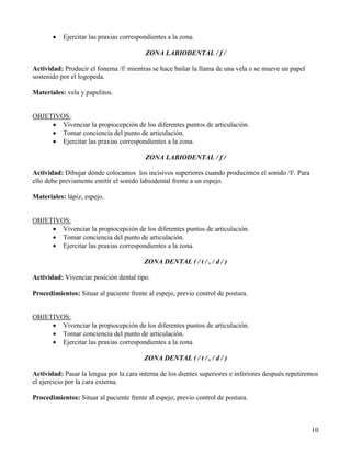 •   Ejercitar las praxias correspondientes a la zona.

                                         ZONA LABIODENTAL / f /

Actividad: Producir el fonema /f/ mientras se hace bailar la llama de una vela o se mueve un papel
sostenido por el logopeda.

Materiales: vela y papelitos.


OBJETIVOS:
     • Vivenciar la propiocepción de los diferentes puntos de articulación.
     • Tomar conciencia del punto de articulación.
     • Ejercitar las praxias correspondientes a la zona.

                                         ZONA LABIODENTAL / f /

Actividad: Dibujar dónde colocamos los incisivos superiores cuando producimos el sonido /f/. Para
ello debe previamente emitir el sonido labiodental frente a un espejo.

Materiales: lápiz, espejo.


OBJETIVOS:
     • Vivenciar la propiocepción de los diferentes puntos de articulación.
     • Tomar conciencia del punto de articulación.
     • Ejercitar las praxias correspondientes a la zona.

                                         ZONA DENTAL ( / t / , / d / )

Actividad: Vivenciar posición dental tipo.

Procedimientos: Situar al paciente frente al espejo, previo control de postura.


OBJETIVOS:
     • Vivenciar la propiocepción de los diferentes puntos de articulación.
     • Tomar conciencia del punto de articulación.
     • Ejercitar las praxias correspondientes a la zona.

                                         ZONA DENTAL ( / t / , / d / )

Actividad: Pasar la lengua por la cara interna de los dientes superiores e inferiores después repetiremos
el ejercicio por la cara externa.

Procedimientos: Situar al paciente frente al espejo, previo control de postura.



                                                                                                      10
 