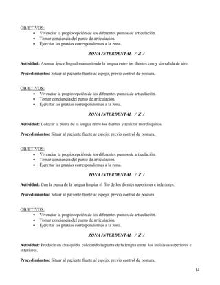 OBJETIVOS:
     • Vivenciar la propiocepción de los diferentes puntos de articulación.
     • Tomar conciencia del punto de articulación.
     • Ejercitar las praxias correspondientes a la zona.

                                        ZONA INTERDENTAL / Z /

Actividad: Asomar ápice lingual manteniendo la lengua entre los dientes con y sin salida de aire.

Procedimientos: Situar al paciente frente al espejo, previo control de postura.


OBJETIVOS:
     • Vivenciar la propiocepción de los diferentes puntos de articulación.
     • Tomar conciencia del punto de articulación.
     • Ejercitar las praxias correspondientes a la zona.

                                        ZONA INTERDENTAL / Z /

Actividad: Colocar la punta de la lengua entre los dientes y realizar mordisquitos.

Procedimientos: Situar al paciente frente al espejo, previo control de postura.


OBJETIVOS:
     • Vivenciar la propiocepción de los diferentes puntos de articulación.
     • Tomar conciencia del punto de articulación.
     • Ejercitar las praxias correspondientes a la zona.

                                        ZONA INTERDENTAL / Z /

Actividad: Con la punta de la lengua limpiar el filo de los dientes superiores e inferiores.

Procedimientos: Situar al paciente frente al espejo, previo control de postura.


OBJETIVOS:
     • Vivenciar la propiocepción de los diferentes puntos de articulación.
     • Tomar conciencia del punto de articulación.
     • Ejercitar las praxias correspondientes a la zona.

                                        ZONA INTERDENTAL / Z /

Actividad: Producir un chasquido colocando la punta de la lengua entre los incisivos superiores e
inferiores.

Procedimientos: Situar al paciente frente al espejo, previo control de postura.

                                                                                                    14
 