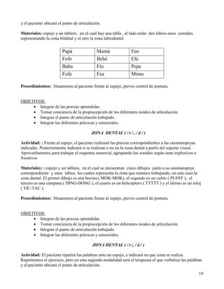 y el paciente ubicará el punto de articulación.

Materiales: espejo y un tablero, en el cual hay una tabla , al lado están dos labios unos cerrados
representando la zona bilabial y el otro la zona labiodental.

                        Papá                Mamá               Feo
                        Fofo                Bebé               Efe
                        Baba                Fío                Pepe
                        Fofa                Fea                Mimo

Procedimientos: Situaremos al paciente frente al espejo, previo control de postura.


OBJETIVOS:
     • Integrar de las praxias aprendidas.
     • Tomar conciencia de la propiocepción de los diferentes modos de articulación.
     • Integrar el punto de articulación trabajado.
     • Integrar las diferentes práxicas y sensoriales.

                                         ZONA DENTAL ( / t / , / d / )

Actividad: : Frente al espejo, el paciente realizará las praxias correspondientes a las onomatopeyas
indicadas. Posteriormente indicará si se realizan o no en la zona dental a partir del soporte visual.
Aprovecharemos para trabajar el esquema sensorial, agrupando los sonidos según sean explosivos o
fricativos

Materiales: : espejo y un tablero, en el cual se encuentran cinco dibujos junto a su onomatopeya
correspondiente y unos labios los cuales representa la zona que estamos trabajando, en este caso la
zona dental. El primer dibujo es una bocina ( MOK-MOK), el segundo es un culito ( PUFFF ), el
tercero es una campana ( DING-DONG ), el cuarto es un helicóptero ( TTTTT ) y el último es un reloj
( TIC-TAC ).

Procedimientos: Situaremos al paciente frente al espejo, previo control de postura.


OBJETIVOS:
     • Integrar de las praxias aprendidas.
     • Tomar conciencia de la propiocepción de los diferentes modos de articulación.
     • Integrar el punto de articulación trabajado.
     • Integrar las diferentes práxicas y sensoriales.

                                          ZONA DENTAL ( / t /, / d / )

Actividad: El paciente repetirá las palabras ante un espejo, e indicará en que zona se realiza.
Repetiremos el ejercicio, pero en esta segunda modalidad será el terapeuta el que verbalice las palabras
y el paciente ubicará el punto de articulación.
                                                                                                        19
 