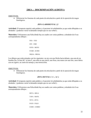 ÁREA .- DISCRIMINACIÓN AUDITIVA

OBJETIVOS:
     • Diferenciar los fonemas de cada punto de articulación a partir de la oposición de rasgos
        fonológicos.

                                         ZONA LABIODENTAL / f /

Actividad: El terapeuta repetirá cada palabra y el paciente irá señalándolas ya que están dibujadas a su
alrededor ( podemos variar la demanda siempre que no sea verbal ).

Materiales: Utilizaremos una ficha dónde hay un cuadro con varias palabras y alrededor de él sus
correspondientes dibujos :

                             FEO – VEO

                             EFE – EME

                             FOTO - MOTO

                             FUMO - ZUMO

                             FRESA - PRESA

Los dibujos que están pintados son los siguientes: un ojo con una flecha hacia delante, una cara de un
hombre feo, la letra M, la letra F, una niña en una cárcel, una fresa, una mano con una foto, unos labios
con un cigarro, un zumo de naranja y una motocicleta.


OBJETIVOS:
     • Diferenciar los fonemas de cada punto de articulación a partir de la oposición de rasgos
        fonológicos.

                                         ZONA DENTAL ( / t / , / d / )

Actividad: El terapeuta repetirá cada palabra y el paciente irá señalándolas ya que están dibujadas a su
alrededor ( podemos variar la demanda siempre que no sea verbal ).

Materiales: Utilizaremos una ficha dónde hay un cuadro con varias palabras y alrededor de él sus
correspondientes dibujos :

                             BOTA - BOLA

                             TAPA - MAPA

                             TETA - ZETA

                             PATO - PALO

                             CODO - CORRO


                                                                                                      22
 