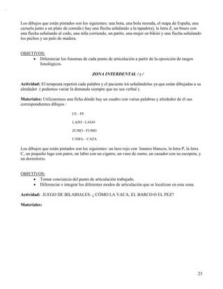 orelbaT




                                                                                                                                                                   Los dibujos que están pintados son los siguientes: una bota, una bola morada, el mapa de España, una
.)omim ,ohúb ,epep ,abab ,apam ,ébeb ,apip ,ámam ,ápap ( sarbalaP
                                                                                                                                                                   cazuela junto a un plato de comida ( hay una flecha señalando a la tapadera), la letra Z, un brazo con
                                                                    Dibujos ( un barco, un pez y una vaca), debajo de cada uno de ellos su onomatopeya
                                                                    correspondiente y debajo de los dibujos un cuadro en blanco.




                                                                                                                                                                   una flecha señalando al codo, una niña corriendo, un patito, una mujer en bikini y una flecha señalando
                                                                                                                                                                   los pechos y un palo de madera.


                                                                                                                                                                   OBJETIVOS:
                                                                                                                                                                        • Diferenciar los fonemas de cada punto de articulación a partir de la oposición de rasgos
                                                                                                                                                                           fonológicos.

                                                                                                                                                                                                            ZONA INTERDENTAL / z /

                                                                                                                                                                   Actividad: El terapeuta repetirá cada palabra y el paciente irá señalándolas ya que están dibujadas a su
                                                                                                                                                                   alrededor ( podemos variar la demanda siempre que no sea verbal ).

                                                                                                                                                                   Materiales: Utilizaremos una ficha dónde hay un cuadro con varias palabras y alrededor de él sus
                                                                                                                                                                   correspondientes dibujos :

                                                                                                                                                                                                 CE - PE

                                                                                                                                                                                                 LAZO - LAGO

                                                                                                                                                                                                 ZUMO - FUMO

                                                                                                                                                                                                 CAMA – CAZA

                                                                                                                                                                   Los dibujos que están pintados son los siguientes: un lazo rojo con lunares blancos, la letra P, la letra
                                                                                                                                                                   C, un pequeño lago con patos, un labio con un cigarro, un vaso de zumo, un cazador con su escopeta, y
                                                                                                                                                                   un dormitorio.


                                                                                                                                                                   OBJETIVOS:
                                                                                                                                                                        • Tomar conciencia del punto de articulación trabajado.
                                                                                                                                                                        • Diferenciar e integrar los diferentes modos de articulación que se localizan en esta zona.

                                                                                                                                                                   Actividad: JUEGO DE BILABIALES: ¿ CÓMO LA VACA, EL BARCO O EL PEZ?

                                                                                                                                                                   Materiales:




                                                                                                                                                                                                                                                                          23
 