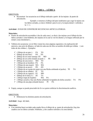 ÁREA . - LÚDICA
OBJETIVOS:
     • Reconstruir las secuencias en el dibujo indicado a partir de las tarjetas de punto de
        articulación.
                             Ejemplo: si tenemos el dibujo del pato tendríamos que coger la tarjeta con
                   los labios cerrados, es decir, bilabial ( para la /p/) y la tarjeta dental ( referida a
                   la / t / ).

Actividad: JUEGO DE CONSTRUIR SECUENCIAS ARTICULATORIAS.

Materiales:
 Puntos de articulación recortables ( dos de cada zona ), es decir, dos tarjetas con el dibujo de dos
  labios cerrados ( zona bilabial), dos tarjetas en la cual se ven los dientes y la lengua sobresale por la
  mitad ( zona interdental )...

 Tableros de secuencias: en mi libro vienen las cinco páginas siguientes a la explicación del
  ejercicio, una serie de dibujos y al lado de cada uno de ellos su nombre dividido por sílabas      ( son
  todos de dos sílabas ) . Ejemplos:

          ( Dibujo de un pato ) : PA       TO
          (Dibujo de una foto) :    FO TO
          (Dibujo de un zumo naranja: ZU MO
          (Dibujo de un culito tirando un pedo ) :   PE DO
          (Dibujo de una moto) : MO TO
          ( Dibujo de un hombre) : PA      PA
          ( Dibujo de una mujer): MA MA
          ( Dibujo de un pozo):     PO     ZO
          ( Dibujo de un cuerpo de mujer con una flecha señalando al pecho): TE       TA
          ( Dibujo de un silbato): PI      TO
          ( Dibujo de un cigarro) : FU     MO
          (Dibujo de la letra Z ) : ZE     TA
          ( Dibujo mapa de España):        MA PA
          ( Dibujo cazuela y hay una flecha señalando la tapadera de dicha cazuela) : TA          PA
          ( Dibujo de una pipa echando humo):      PI     PA


 Espejo, aunque se puede prescindir de él si se quiere enfatizar la discriminación auditiva.


OBJETIVOS:
     • Diferenciar los distintos puntos de articulación.

Actividad: Juego del dado.

Materiales:
 Con cartulina hacer un dado cada cuadro lleva el dibujo de su punto de articulación ( hay dos
  cuadros con los labios cerrados: bilabiales, y dos cuadros referidos a la zona dental).

                                                                                                        26
 