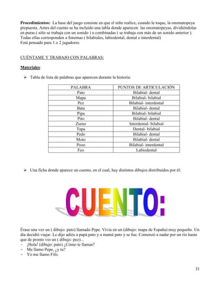 Procedimientos: La base del juego consiste en que el niño realice, cuando le toque, la onomatopeya
propuesta. Antes del cuento se ha incluido una tabla donde aparecen las onomatopeyas, dividiéndolas
en puras ( sólo se trabaja con un sonido ) u combinadas ( se trabaja con más de un sonido anterior ).
Todas ellas corresponden a fonemas ( bilabiales, labiodental, dental e interdental)
Está pensado para 1 o 2 jugadores.


CUÉNTAME Y TRABAJO CON PALABRAS:

Materiales:

  Tabla de lista de palabras que aparecen durante la historia:

                            PALABRA                    PUNTOS DE ARTICULACIÓN
                               Pato                          Bilabial- dental
                              Mapa                           Bilabial- bilabial
                               Pez                         Bilabial- interdental
                              Bata                           Bilabial- dental
                               Pipa                          Bilabial- bilabial
                               Pito                          Bilabial- dental
                              Zumo                         Interdental- bilabial
                              Tapa                           Dental- bilabial
                              Pedo                           Bilabial- dental
                              Moto                           Bilabial- dental
                              Pozo                         Bilabial- interdental
                               Feo                             Labiodental



  Una ficha donde aparece un cuento, en el cual, hay distintos dibujos distribuidos por él:




Érase una vez un ( dibujo: pato) llamado Pepe. Vivía en un (dibujo: mapa de España) muy pequeño. Un
día decidió viajar. Le dijo adiós a papá pato y a mamá pato y se fue. Comenzó a nadar por un río hasta
que de pronto vio un ( dibujo: pez)...
- ¡Hola! (dibujo: pato) ¿Cómo te llamas?
- Me llamo Pepe, ¿y tu?
- Yo me llamo Fifo.


                                                                                                    31
 
