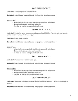 ZONA LABIODENTAL / f /

Actividad: Vivenciar posición labiodental tipo.

Procedimientos: Situar al paciente frente al espejo, previo control de postura.


OBJETIVOS:
     • Vivenciar la propiocepción de los diferentes puntos de articulación.
     • Tomar conciencia del punto de articulación.
     • Ejercitar las praxias correspondientes a la zona.

                                        ZONA BILABIAL ( P , B , M )

Actividad: Dibujar los labios mientras se producen sonidos bilabiales. Para ello debe previamente
emitir sonidos bilabiales frente a un espejo.

Materiales: lápiz, papel y espejo.

Procedimientos: Situar al paciente frente al espejo, previo control de postura.


OBJETIVOS:
     • Vivenciar la propiocepción de los diferentes puntos de articulación.
     • Tomar conciencia del punto de articulación.
     • Ejercitar las praxias correspondientes a la zona.

                                         ZONA LABIODENTAL / f /

Actividad: Vivenciar posición labiodental tipo.

Procedimientos: Situar al paciente frente al espejo, previo control de postura.


OBJETIVOS:
     • Vivenciar la propiocepción de los diferentes puntos de articulación.
     • Tomar conciencia del punto de articulación.
     • Ejercitar las praxias correspondientes a la zona.

                                         ZONA LABIODENTAL / f /

Actividad: Mientras el niño sopla presionar el labio inferior hacia dentro. Percibir el sonido que se
escapa.

Procedimientos: Situar al paciente frente al espejo, previo control de postura.




                                                                                                        6
 