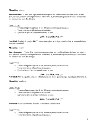Materiales: colores.

Procedimientos: El niño debe repetir una onomatopeya, una combinación de sílabas o una palabra
pura, es decir, que sólo contenga el sonido labiodental /f/, mientras resigue con el dedo o con colores
los caminos que unen dos dibujos.


OBJETIVOS:
     • Vivenciar la propiocepción de los diferentes puntos de articulación.
     • Tomar conciencia del punto de articulación.
     • Ejercitar las praxias correspondientes a la zona.

                                         ZONA LABIODENTAL / f /

Actividad: Producir la palabra FOFO mientras se pinta, se resigue con el dedo o se bordea el dibujo
de algún objeto fofo.

Materiales: colores

Procedimientos: : El niño debe repetir una onomatopeya, una combinación de sílabas o una palabra
pura, es decir, que sólo contenga el sonido labiodental /f/, mientras resigue con el dedo o con colores
los caminos que unen dos dibujos.


OBJETIVOS:
     • Vivenciar la propiocepción de los diferentes puntos de articulación.
     • Tomar conciencia del punto de articulación.
     • Ejercitar las praxias correspondientes a la zona.

                                       ZONA LABIODENTAL / f /
Actividad: Mover papelitos situados sobre la mesa con el aire que se escapa al producir el fonema /f/.

Materiales: papelitos.


OBJETIVOS:
     • Vivenciar la propiocepción de los diferentes puntos de articulación.
     • Tomar conciencia del punto de articulación.
     • Ejercitar las praxias correspondientes a la zona.

                                         ZONA LABIODENTAL / f /

Actividad: Hacer de aspirador mientras se muerde el labio inferior.


OBJETIVOS:
     • Vivenciar la propiocepción de los diferentes puntos de articulación.
     • Tomar conciencia del punto de articulación.

                                                                                                          9
 