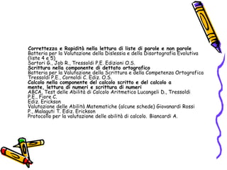     Correttezza e Rapidità nella lettura di liste di parole e non paroleBatteria per la Valutazione della Dislessia e della Disortografia Evolutiva (liste 4 e 5)Sartori G., Job R., Tressoldi P.E. Edizioni O.S.Scrittura nella componente di dettato ortograficoBatteria per la Valutazione della Scrittura e della Competenza OrtograficaTressoldi P.E., Cornoldi C. Ediz. O.S.Calcolo nella componente del calcolo scritto e del calcolo a mente, lettura di numeri e scrittura di numeriABCA, Test delle Abilità di Calcolo Aritmetico Lucangeli D., Tressoldi P.E., Fiore C.Ediz. EricksonValutazione delle Abilità Matematiche (alcune schede) Giovanardi Rossi P., Malaguti T. Ediz. EricksonProtocollo per la valutazione delle abilità di calcolo.Biancardi A. 
