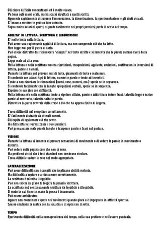 Gli riesce difficile concentrarsi ed è molto vivace.
Va bene agli esami orali, ma ha scarsi risultati a quelli scritti.
Apprende rapidamente attraverso l’osservazione, la dimostrazione, la sperimentazione e gli aiuti visuali.
E’ bravo a mettere in pratica idee astratte.
Sogna molto ad occhi aperti; si perde facilmente nei propri pensieri; perde il senso del tempo.
ABILITA’ DI LETTURA, SCRITTURA E LINGUISTICHE
E’ molto lento nella lettura.
Può avere una ragionevole rapidità di lettura, ma non comprende ciò che ha letto.
Non legge mai per il gusto di farlo.
Può essere distratto dal riconoscere “disegni” nel testo scritto e si lamenta che le parole saltano fuori dalla
pagina.
Legge male ad alta voce.
Nella lettura e nella scrittura mostra ripetizioni, trasposizioni, aggiunte, omissioni, sostituzioni o inversioni di
lettere, parole e numeri.
Durante la lettura può provare mal di testa, giramenti di testa o malessere.
Si confonde con alcuni tipi di lettere, numeri o parole e tende ad invertirli
Tende a non ricordare le elencazioni (nomi, cose, numeri, ecc.) specie se in sequenza.
Si confonde facilmente con le lunghe spiegazioni verbali, specie se in sequenza.
Esprime le sue idee con difficoltà.
Nella lettura e/o nella scrittura tende a ripetere sillabe, parole e addirittura intere frasi, talvolta legge o scrive
parole al contrario, talvolta salta le parole.
Dimentica la parte centrale della frase o ciò che ha appena finito di leggere.
Trova difficoltà nel compitare correttamente.
E’ facilmente distratto da stimoli sonori.
Gli capita di equivocare ciò che sente.
Ha difficoltà nel verbalizzare i suoi pensieri.
Può pronunciare male parole lunghe o trasporre parole e frasi nel parlare.
VISIONE
Durante la lettura si lamenta di provare sensazioni di movimento o di vedere le parole in movimento o
distorte.
Può vedere sulla pagina cose che non ci sono.
Ha problemi visivi che i test standard non sembrano rivelare.
Trova difficile vedere le cose nel modo appropriato.
LATERALIZZAZIONE
Può avere difficoltà con i compiti che implicano abilità motorie.
Ha difficoltà a copiare o a riassumere correttamente.
La scrittura è talvolta illeggibile.
Può non essere in grado di leggere la propria scrittura.
La scrittura può continuamente oscillare da leggibile a illeggibile.
Il modo in cui tiene in mano la penna è inconsueto.
Può essere ambidestro.
Appare non coordinato e goffo nei movimenti quando gioca o è impegnato in attività sportive.
Spesso confonde la destra con la sinistra e il sopra con il sotto.
TEMPO
Sperimenta difficoltà nella consapevolezza del tempo, nella sua gestione e nell’essere puntuale.

 