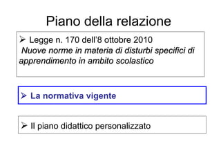 Legge n. 170 dell’8 ottobre 2010
Nuove norme in materia di disturbi specifici diNuove norme in materia di disturbi specifici di
apprendimento in ambito scolasticoapprendimento in ambito scolastico
Piano della relazione
 La normativa vigente
 Il piano didattico personalizzato
 