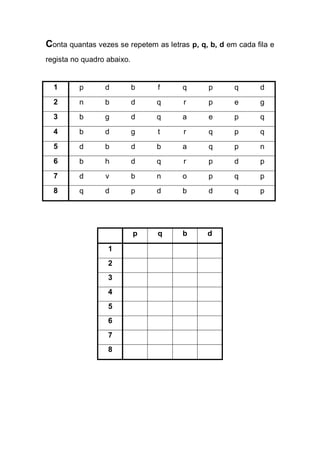 Conta quantas vezes se repetem as letras p, q, b, d em cada fila e regista no quadro abaixo. 
1 
p 
d 
b 
f 
q 
p 
q 
d 
2 
n 
b 
d 
q 
r 
p 
e 
g 
3 
b 
g 
d 
q 
a 
e 
p 
q 
4 
b 
d 
g 
t 
r 
q 
p 
q 
5 
d 
b 
d 
b 
a 
q 
p 
n 
6 
b 
h 
d 
q 
r 
p 
d 
p 
7 
d 
v 
b 
n 
o 
p 
q 
p 
8 
q 
d 
p 
d 
b 
d 
q 
p 
p 
q 
b 
d 
1 
2 
3 
4 
5 
6 
7 
8 
 