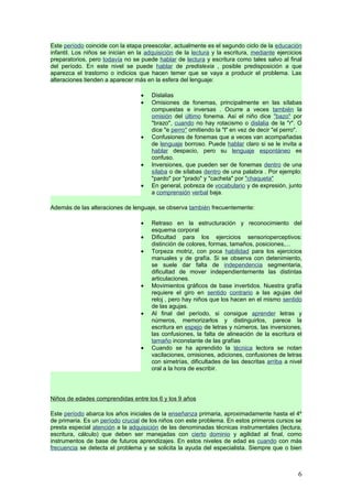 Este período coincide con la etapa preescolar, actualmente es el segundo ciclo de la educación
infantil. Los niños se inician en la adquisición de la lectura y la escritura, mediante ejercicios
preparatorios, pero todavía no se puede hablar de lectura y escritura como tales salvo al final
del período. En este nivel se puede hablar de predislexia , posible predisposición a que
aparezca el trastorno o indicios que hacen temer que se vaya a producir el problema. Las
alteraciones tienden a aparecer más en la esfera del lenguaje:

                                   •   Dislalias
                                   •   Omisiones de fonemas, principalmente en las sílabas
                                       compuestas e inversas . Ocurre a veces también la
                                       omisión del último fonema. Así el niño dice "bazo" por
                                       "brazo", cuando no hay rotacismo o dislalia de la "r". O
                                       dice "e perro" omitiendo la "l" en vez de decir "el perro".
                                   •   Confusiones de fonemas que a veces van acompañadas
                                       de lenguaje borroso. Puede hablar claro si se le invita a
                                       hablar despacio, pero su lenguaje espontáneo es
                                       confuso.
                                   •   Inversiones, que pueden ser de fonemas dentro de una
                                       sílaba o de sílabas dentro de una palabra . Por ejemplo:
                                       "pardo" por "prado" y "cacheta" por "chaqueta"
                                   •   En general, pobreza de vocabulario y de expresión, junto
                                       a comprensión verbal baja.

Además de las alteraciones de lenguaje, se observa también frecuentemente:

                                   •   Retraso en la estructuración y reconocimiento del
                                       esquema corporal
                                   •   Dificultad para los ejercicios sensorioperceptivos:
                                       distinción de colores, formas, tamaños, posiciones,...
                                   •   Torpeza motriz, con poca habilidad para los ejercicios
                                       manuales y de grafía. Si se observa con detenimiento,
                                       se suele dar falta de independencia segmentaria,
                                       dificultad de mover independientemente las distintas
                                       articulaciones.
                                   •   Movimientos gráficos de base invertidos. Nuestra grafía
                                       requiere el giro en sentido contrario a las agujas del
                                       reloj , pero hay niños que los hacen en el mismo sentido
                                       de las agujas.
                                   •   Al final del período, si consigue aprender letras y
                                       números, memorizarlos y distinguirlos, parece la
                                       escritura en espejo de letras y números, las inversiones,
                                       las confusiones, la falta de alineación de la escritura el
                                       tamaño inconstante de las grafías
                                   •   Cuando se ha aprendido la técnica lectora se notan
                                       vacilaciones, omisiones, adiciones, confusiones de letras
                                       con simetrías, dificultades de las descritas arriba a nivel
                                       oral a la hora de escribir.




Niños de edades comprendidas entre los 6 y los 9 años

Este período abarca los años iniciales de la enseñanza primaria, aproximadamente hasta el 4º
de primaria. Es un período crucial de los niños con este problema. En estos primeros cursos se
presta especial atención a la adquisición de las denominadas técnicas instrumentales (lectura,
escritura, cálculo) que deben ser manejadas con cierto dominio y agilidad al final, como
instrumentos de base de futuros aprendizajes. En estos niveles de edad es cuando con más
frecuencia se detecta el problema y se solicita la ayuda del especialista. Siempre que o bien



                                                                                                6
 