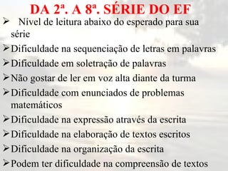 DA 2ª. A 8ª. SÉRIE DO EF Nível de leitura abaixo do esperado para sua série Dificuldade na sequenciação de letras em palavras Dificuldade em soletração de palavras Não gostar de ler em voz alta diante da turma Dificuldade com enunciados de problemas matemáticos Dificuldade na expressão através da escrita Dificuldade na elaboração de textos escritos Dificuldade na organização da escrita Podem ter dificuldade na compreensão de textos 